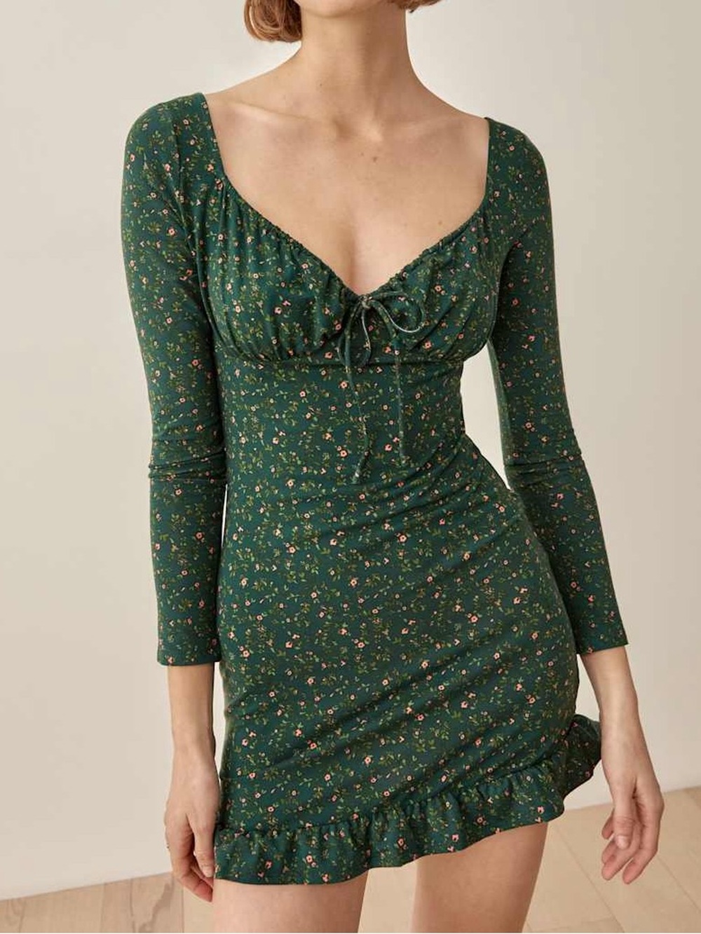 Reformation Forest Green Floral Long Sleeve Mini Dress